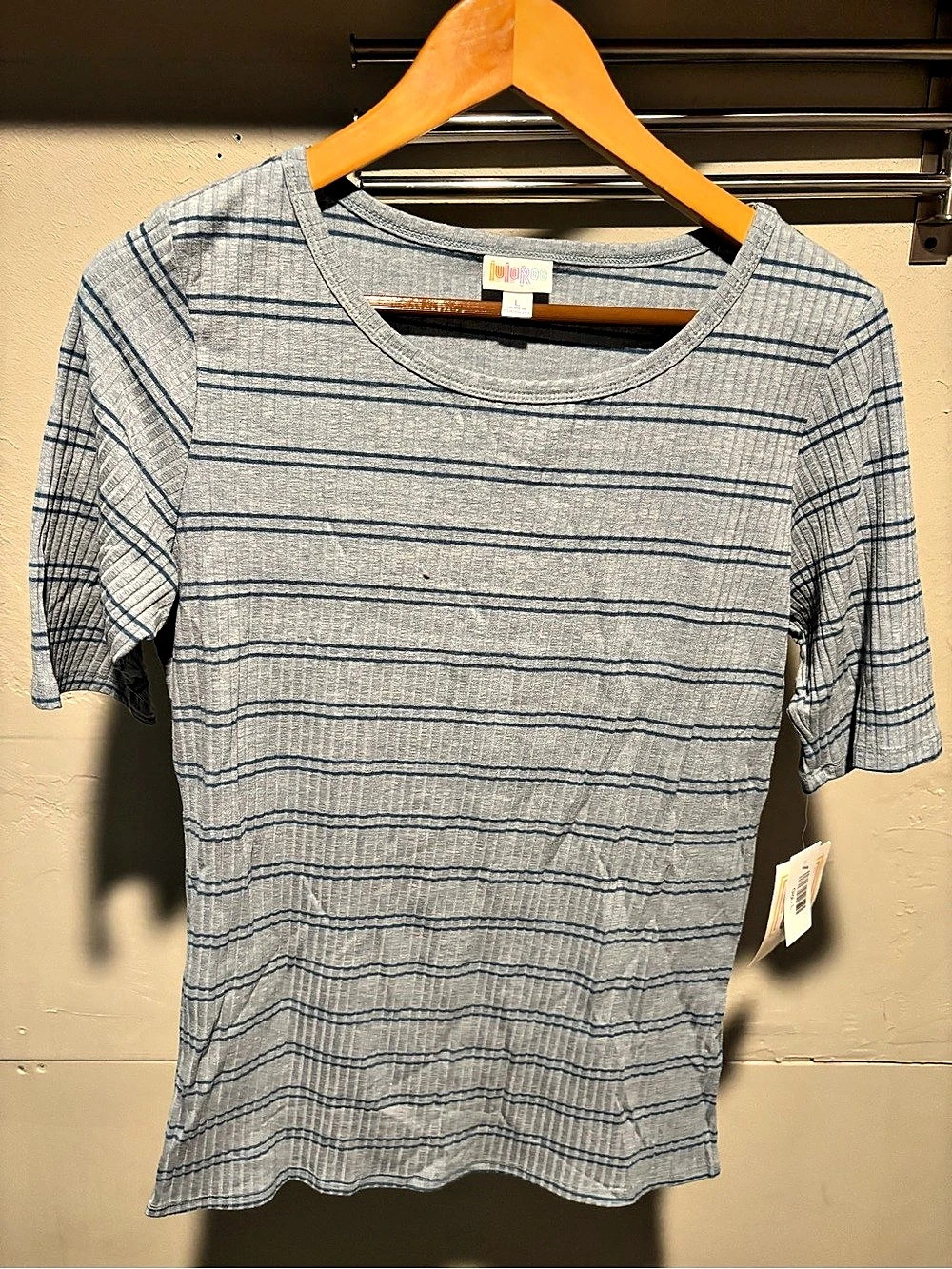 Lularoe Gigi Top Striped Short Sleeve Blue & Gray Large